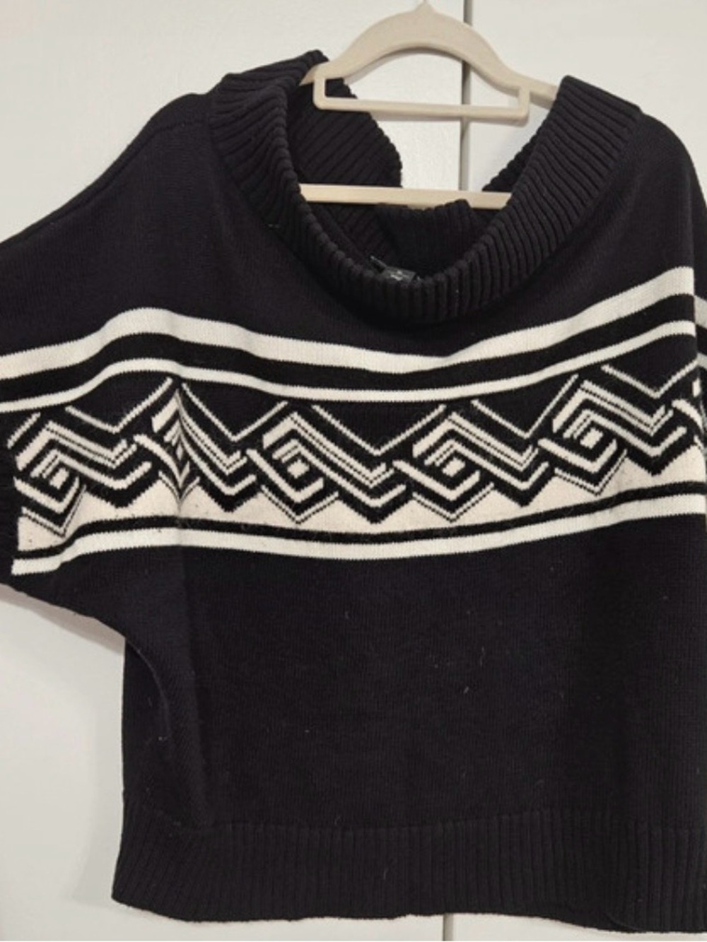 White House Black Market Black and White Geometric Off-the-Shoulder Sweater